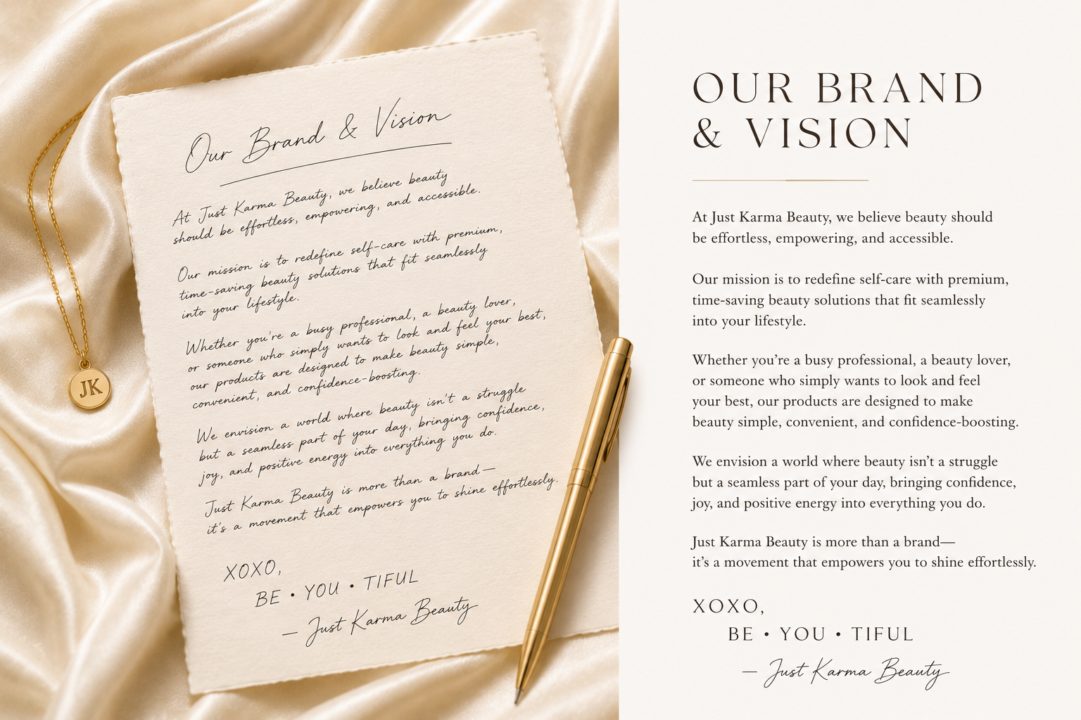 Handwritten letter on champagne silk with a gold pen and JK necklace